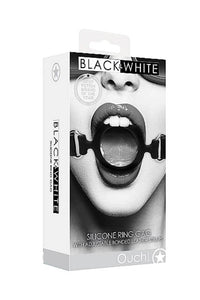 Thumbnail for Ouch by Shots Toys - Black & White - Silicone Ring Gag with Adjustable Bonded Leather Straps - Black - Stag Shop