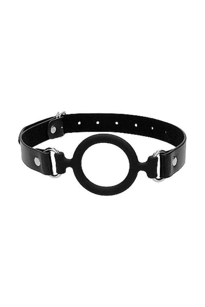 Ouch by Shots Toys - Black & White - Silicone Ring Gag with Adjustable Bonded Leather Straps - Black - Stag Shop