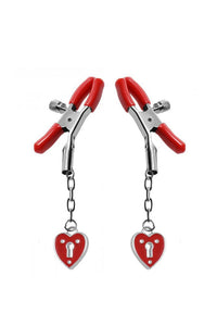 Thumbnail for XR Brands - Master Series - Captive Heart Padlock Nipple Clamps - Red - Stag Shop