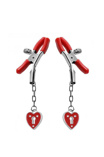 XR Brands - Master Series - Captive Heart Padlock Nipple Clamps - Red - Stag Shop