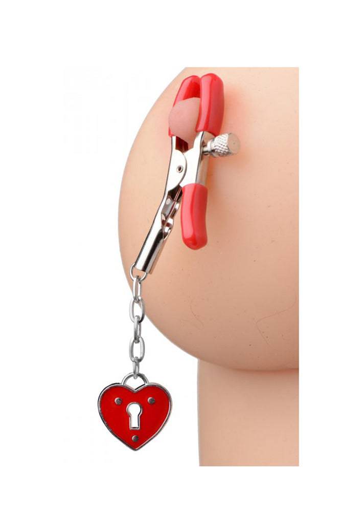 XR Brands - Master Series - Captive Heart Padlock Nipple Clamps - Red - Stag Shop