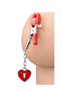 Thumbnail for XR Brands - Master Series - Captive Heart Padlock Nipple Clamps - Red - Stag Shop