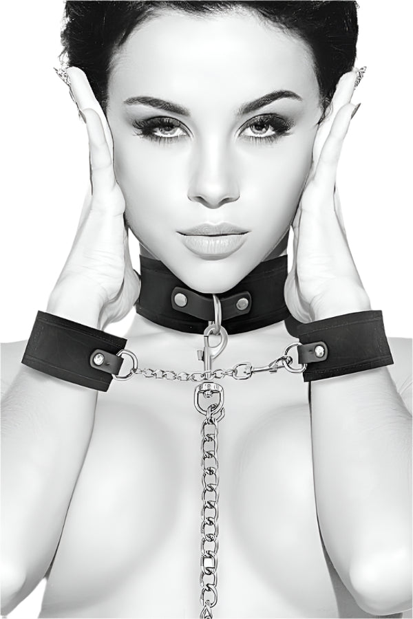 Ouch by Shots Toys - Black & White - Velcro Collar with Leash & Hand Cuffs - Black - Stag Shop