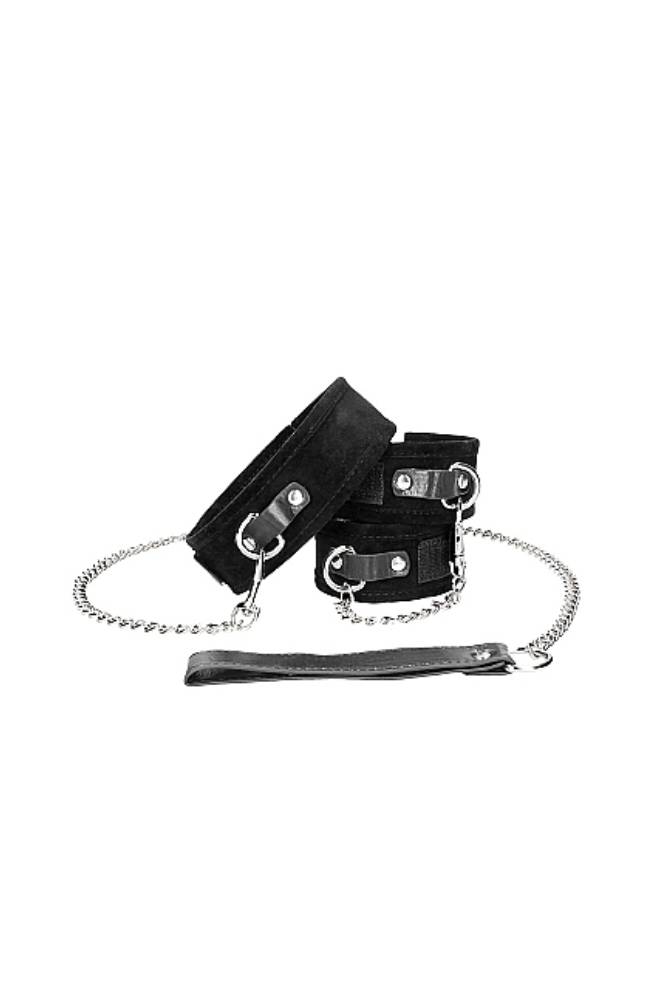 Ouch by Shots Toys - Black & White - Velcro Collar with Leash & Hand Cuffs - Black - Stag Shop
