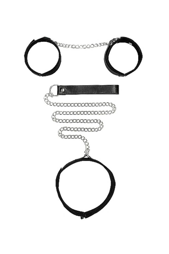 Ouch by Shots Toys - Black & White - Velcro Collar with Leash & Hand Cuffs - Black - Stag Shop