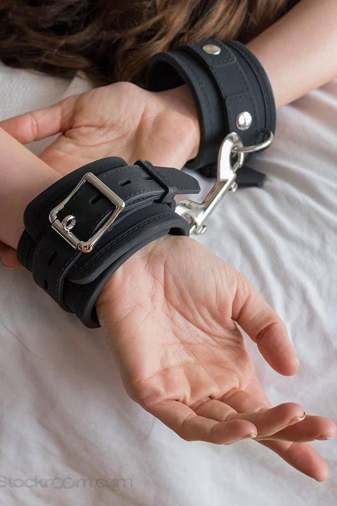 Stockroom - Locking Silicone Wrist Cuffs - Black/Silver - Stag Shop