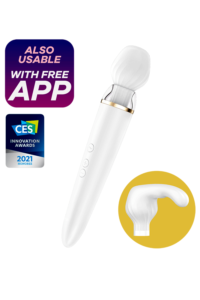 Satisfyer - Double Wand-er - Massage Wand & Attachments - White/Gold - Stag Shop