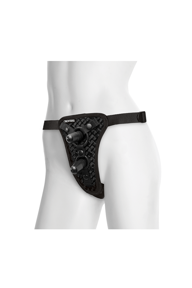 Vac-U-Lock by Doc Johnson - Double Penetration Velvet Harness w/ 2 Plugs - Black - Stag Shop