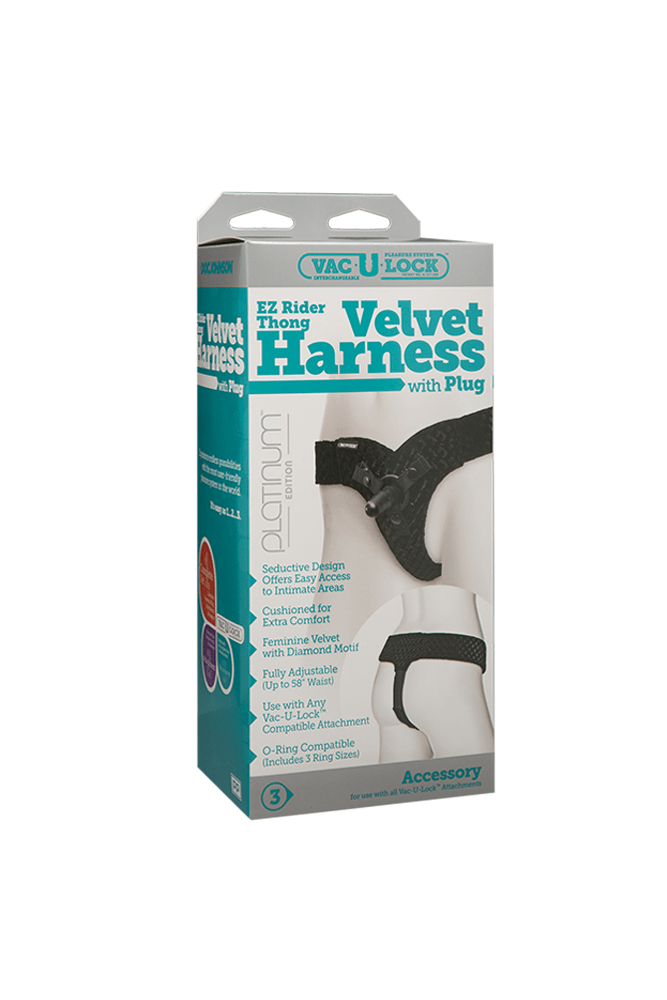 Vac-U-Lock by Doc Johnson - EZ Rider Thong Velvet Harness w/ Plug - Black - Stag Shop