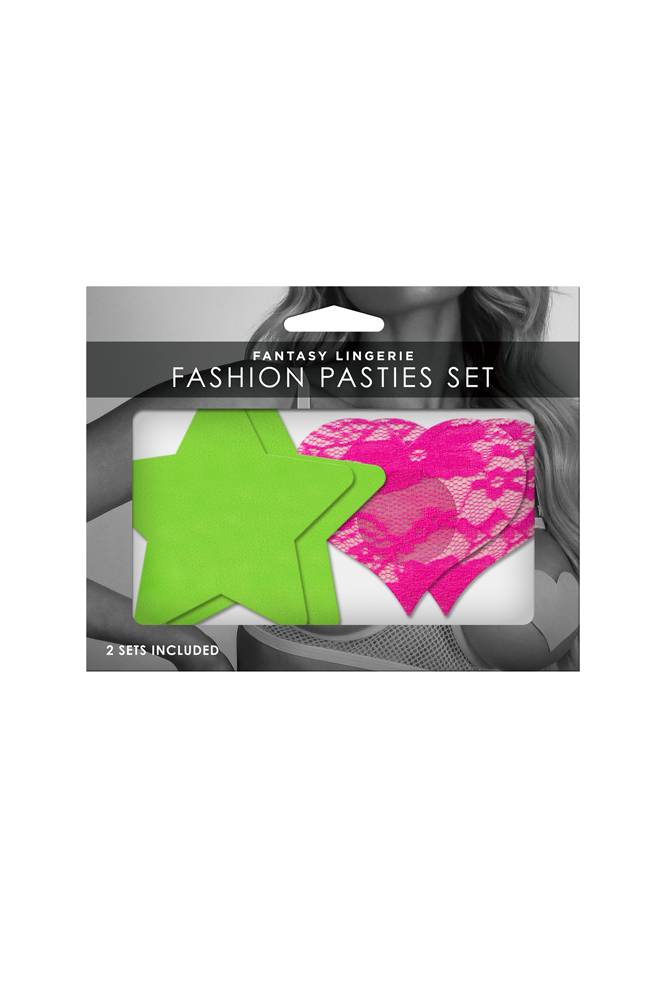 Fantasy Lingerie - Glow - Neon Green Solid Star & Neon Pink Lace Heart Pasties Set - 2PC - Stag Shop
