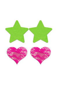 Thumbnail for Fantasy Lingerie - Glow - Neon Green Solid Star & Neon Pink Lace Heart Pasties Set - 2PC - Stag Shop