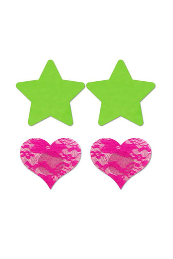 Fantasy Lingerie - Glow - Neon Green Solid Star & Neon Pink Lace Heart Pasties Set - 2PC - Stag Shop