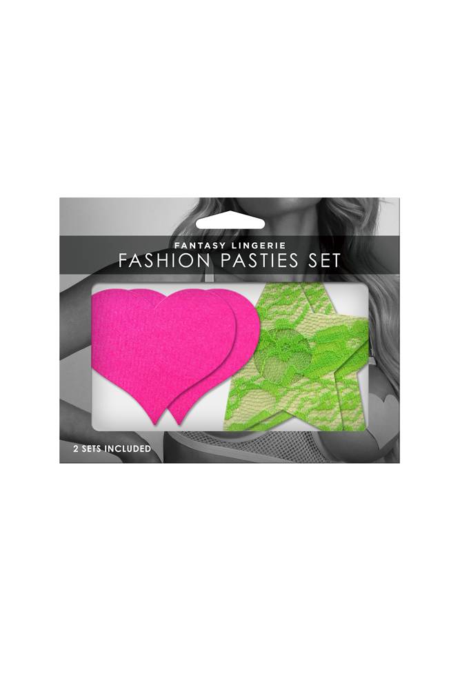 Fantasy Lingerie - Glow - Neon Pink Satin Heart & Neon Green Lace Star Pasties Set - 2PC - Stag Shop