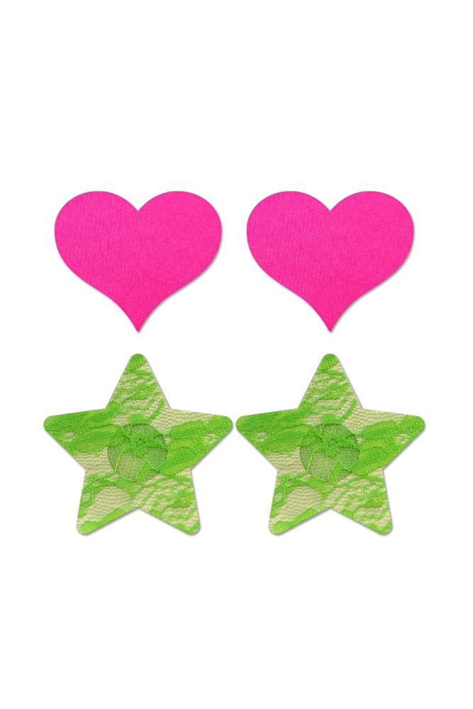 Fantasy Lingerie - Glow - Neon Pink Satin Heart & Neon Green Lace Star Pasties Set - 2PC - Stag Shop
