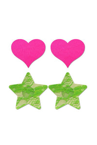 Thumbnail for Fantasy Lingerie - Glow - Neon Pink Satin Heart & Neon Green Lace Star Pasties Set - 2PC - Stag Shop