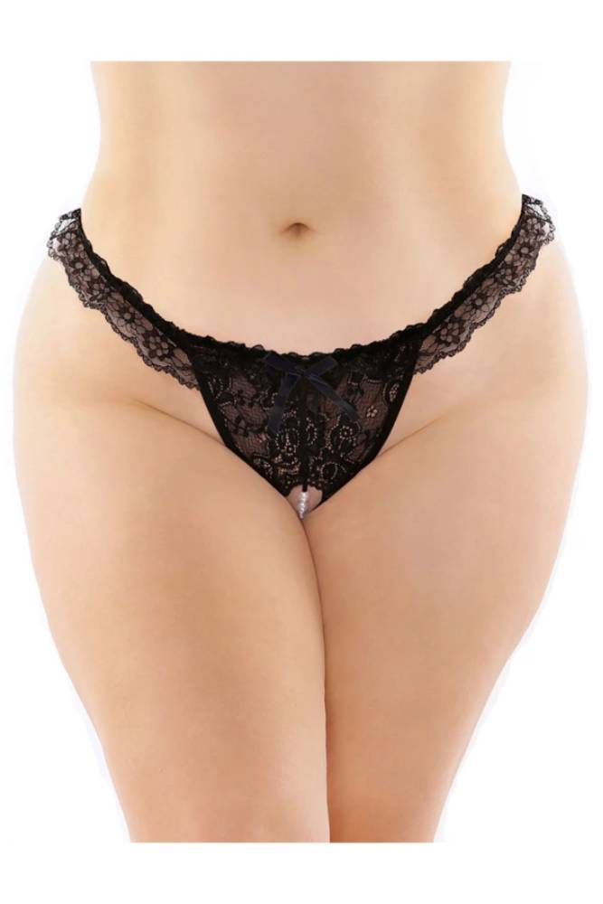 Fantasy Lingerie - Flora Crotchless Pearl Thong - Black - Stag Shop