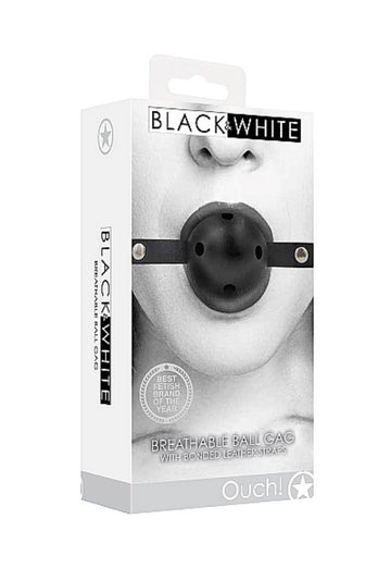 Ouch by Shots Toys - Black & White - Breathable Ball Gag with Bonded Leather Straps - Black - Stag Shop
