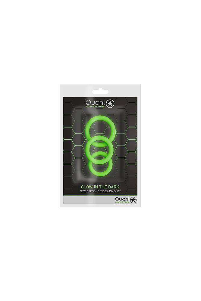 Ouch by Shots Toys - 3 pc Cock Ring Set - Glow in the Dark - Stag Shop