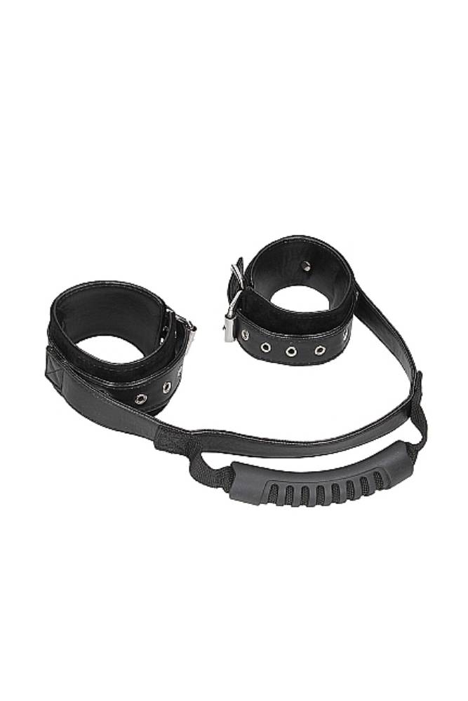 Ouch by Shots Toys - Black & White - Bonded Leather Hand Cuffs With Handle - Black - Stag Shop