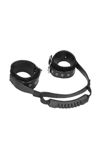 Thumbnail for Ouch by Shots Toys - Black & White - Bonded Leather Hand Cuffs With Handle - Black - Stag Shop
