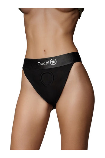 Ouch by Shots Toys - Vibrating Strap-on Panty Harness with Open Back - Black - Various Sizes - Stag Shop
