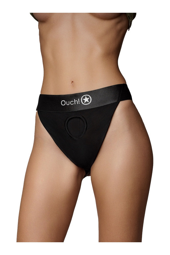 Ouch by Shots Toys - Vibrating Strap-on Panty Harness with Open Back - Black - Various Sizes - Stag Shop