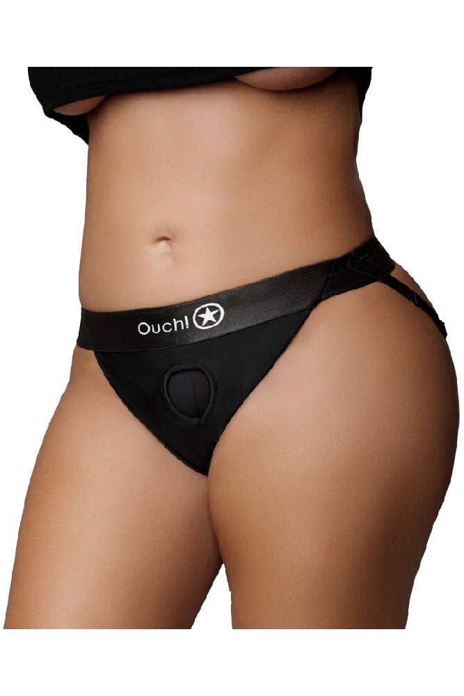 Ouch by Shots Toys - Vibrating Strap-on Panty Harness with Open Back - Black - Various Sizes - Stag Shop