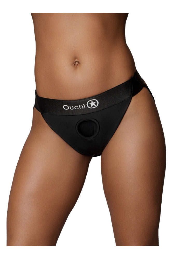 Ouch by Shots Toys - Vibrating Strap-on Panty Harness with Open Back - Black - Various Sizes - Stag Shop