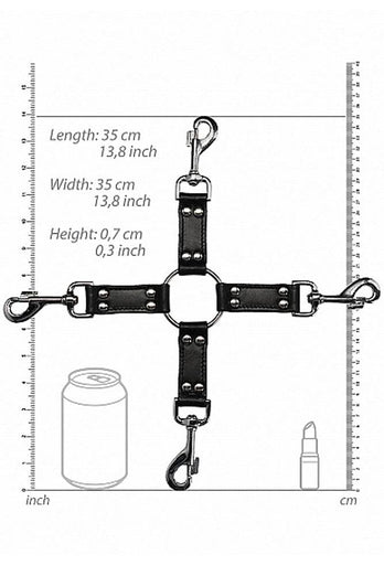 Ouch by Shots Toys - 4 Way Leather Hog Tie Cross - Black - Stag Shop