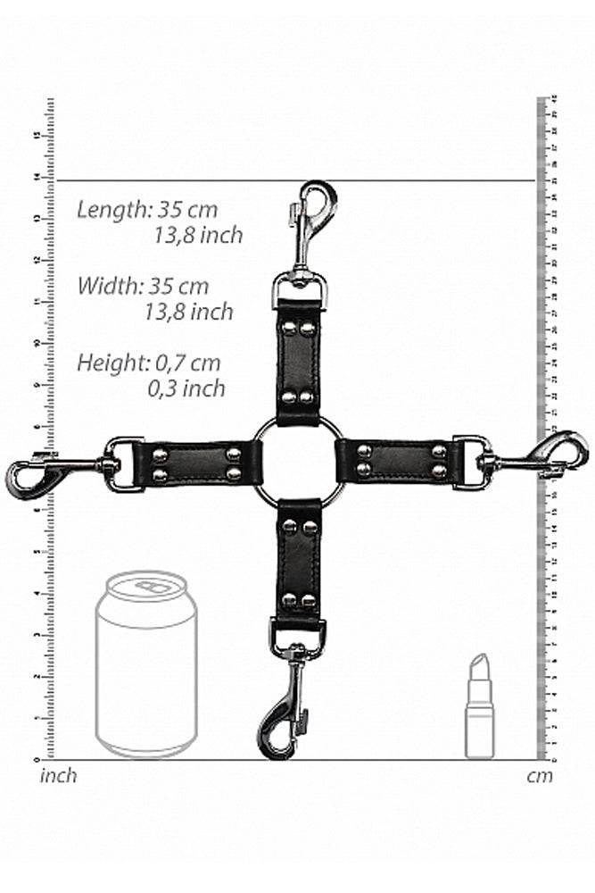 Ouch by Shots Toys - 4 Way Leather Hog Tie Cross - Black - Stag Shop