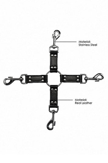 Ouch by Shots Toys - 4 Way Leather Hog Tie Cross - Black - Stag Shop