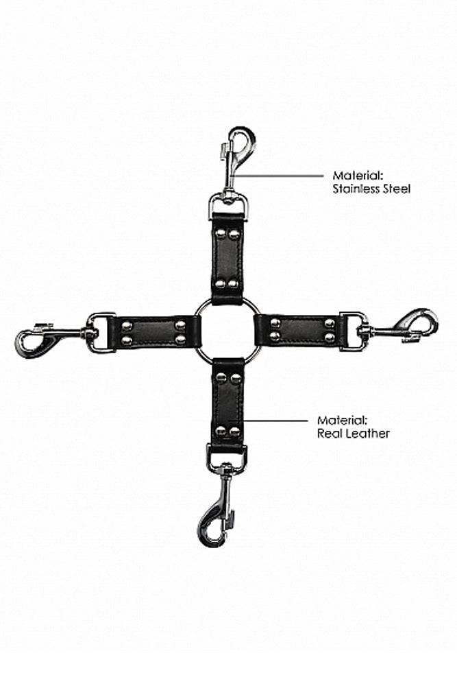 Ouch by Shots Toys - 4 Way Leather Hog Tie Cross - Black - Stag Shop