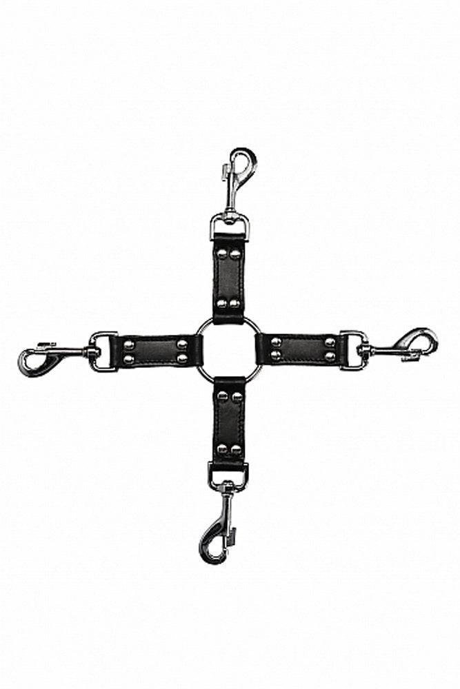 Ouch by Shots Toys - 4 Way Leather Hog Tie Cross - Black - Stag Shop