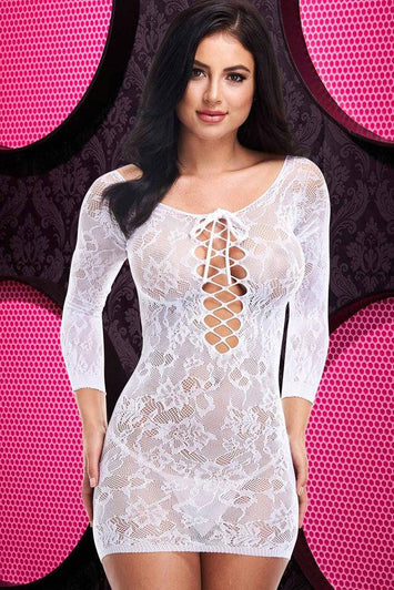 Lapdance Lingerie - LC-74 - Lace Off-The-Shoulder Mini Dress - White - OS - Stag Shop