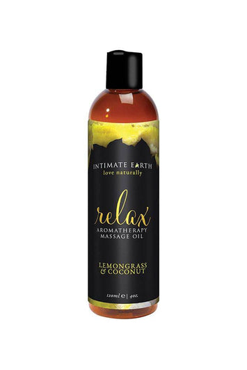 Intimate Earth - Aromatherapy Massage Oil - Relax - Lemongrass & Coconut -4oz - Stag Shop