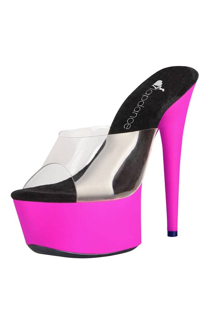 Lapdance Shoes - LS-14 - 6 Inch UV Slip On Platform Sandal - Black/Neon Pink - Stag Shop