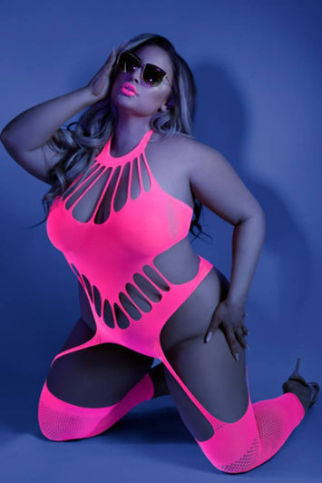 Fantasy Lingerie - Glow - No Promises Bodystocking - Neon Pink - Queen Size - Stag Shop