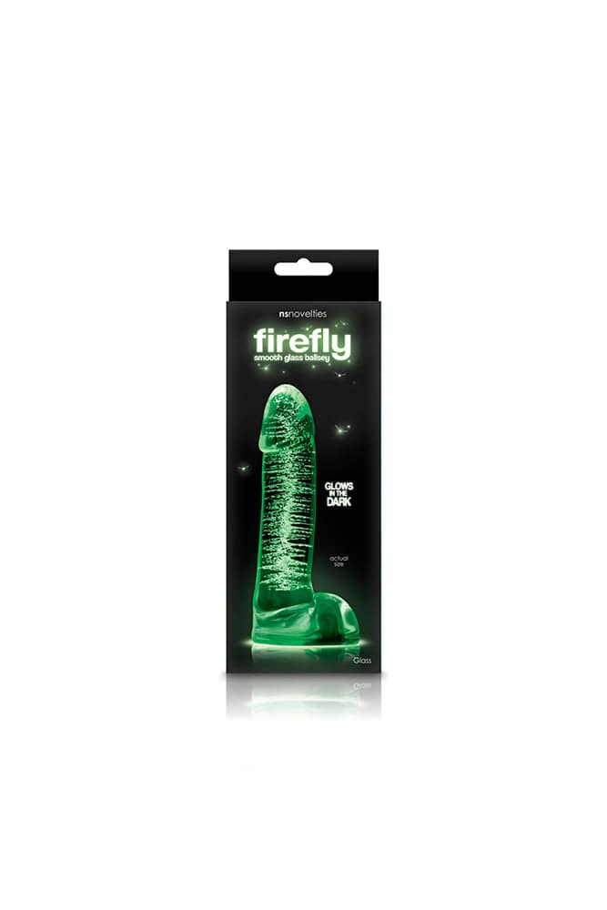 NS Novelties - Firefly - Glass Smooth Ballsy Dildo - 4 inch - Glow-In-The-Dark/Clear - Stag Shop