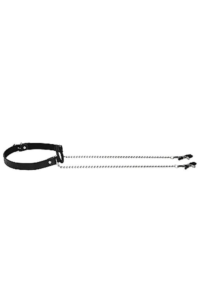 Ouch by Shots Toys - O-Ring Gag With Nipple Clamps - Black - Stag Shop