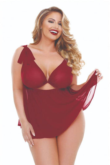 Fantasy Lingerie - P225 - Ruby Shoulder Tie Babydoll & Panty Set - Red - Stag Shop