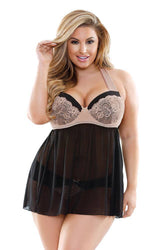 Fantasy Lingerie - P276 - Serena Halter Babydoll & Panty Set - Black/Pink - Stag Shop