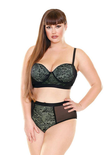 Fantasy Lingerie - P410 - Katarina Longline Bra & Panty Set - Green/Black - Stag Shop