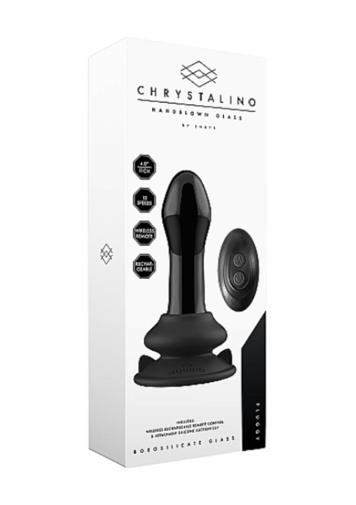 Shots Toys - Chrystalino - Pluggy Vibrating Glass Anal Plug with Suction Cup & Remote - Black - Stag Shop