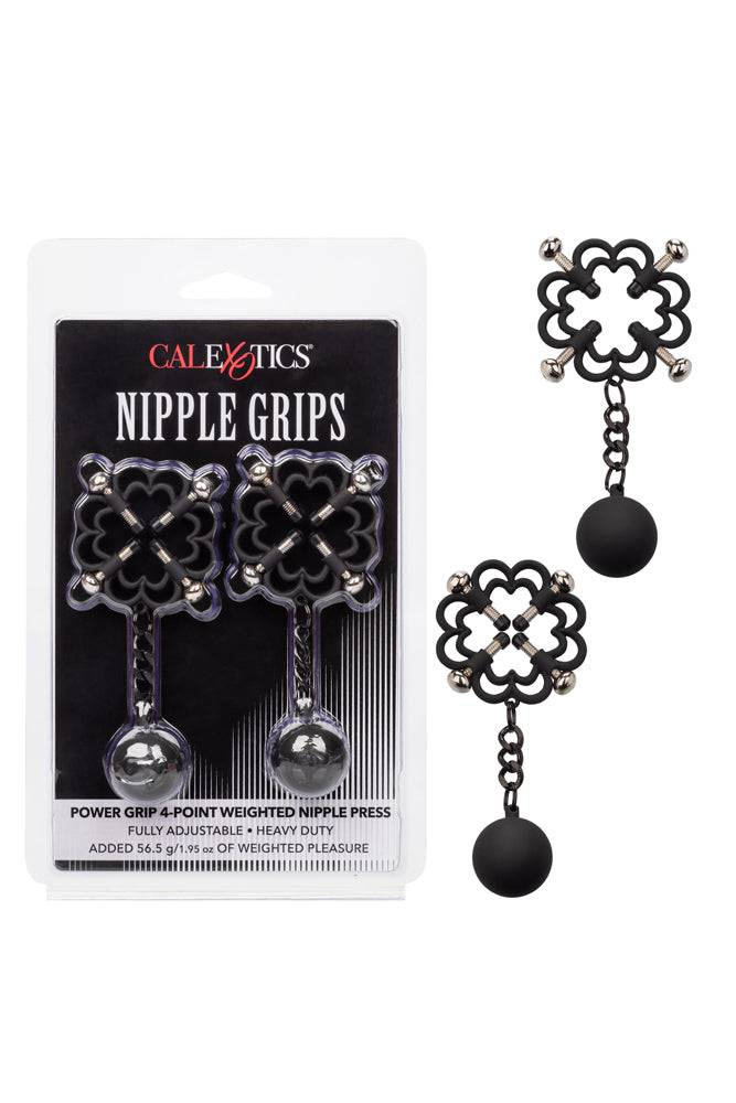 Cal Exotics - Nipple Grips - Power Grip 4-Point Weighted Nipple Press - Black/Silver - Stag Shop