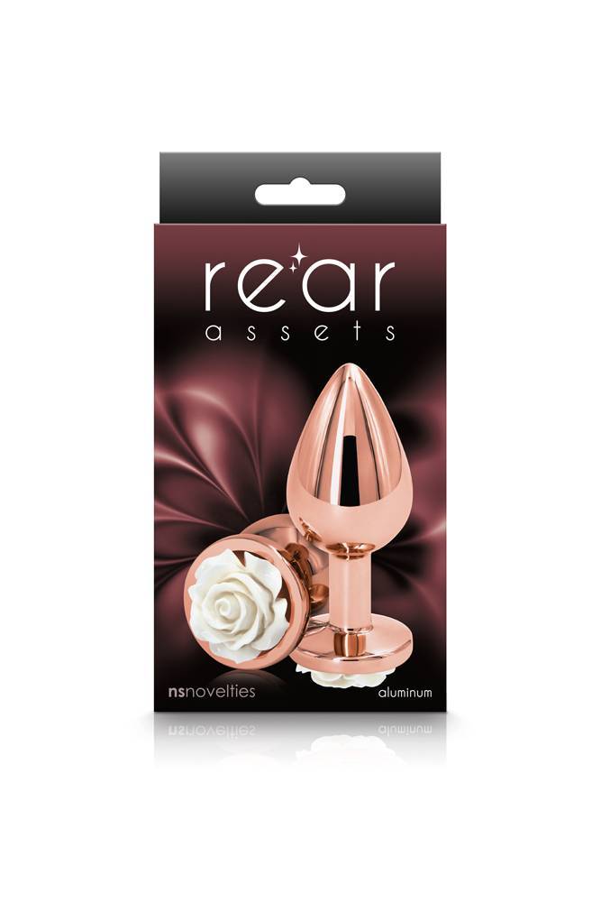 NS Novelties - Rear Assets - Aluminum Rose Butt Plug - Gold/White - Medium - 3.5 Inch - Stag Shop