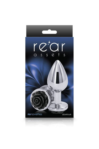 NS Novelties - Rear Assets - Aluminum Rose Butt Plug - Silver/Black - Medium - 3.5 Inch - Stag Shop