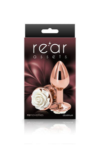 Thumbnail for NS Novelties - Rear Assets - Aluminum Rose Butt Plug - Gold/White - Small - 3 Inch - Stag Shop