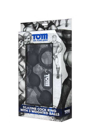 XR Brands - Tom of Finland - Silicone Cock Ring With 3 Weighted Balls - Black - Stag Shop