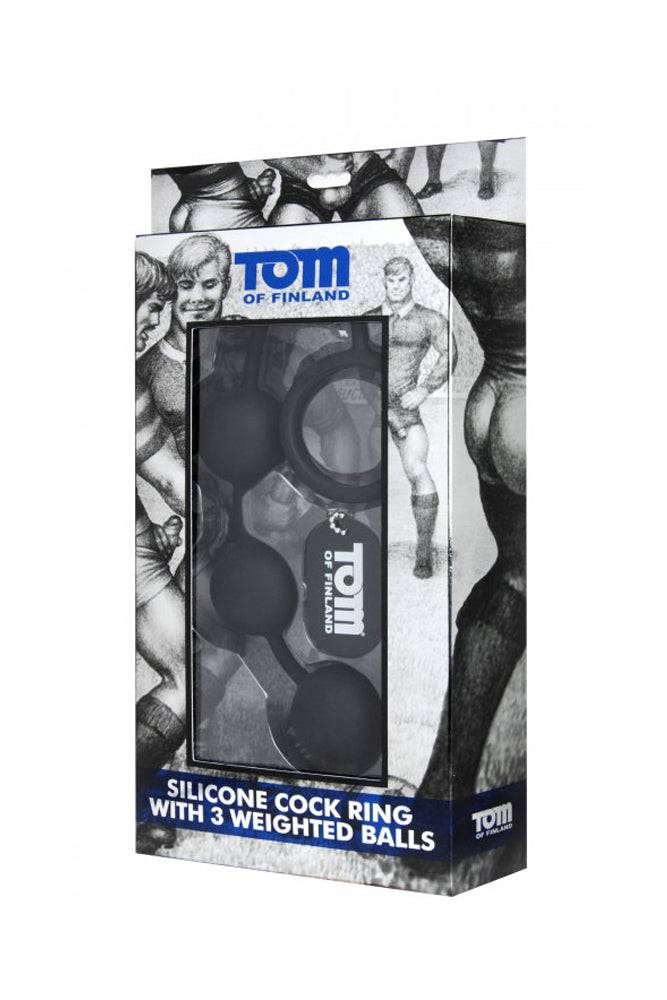 XR Brands - Tom of Finland - Silicone Cock Ring With 3 Weighted Balls - Black - Stag Shop