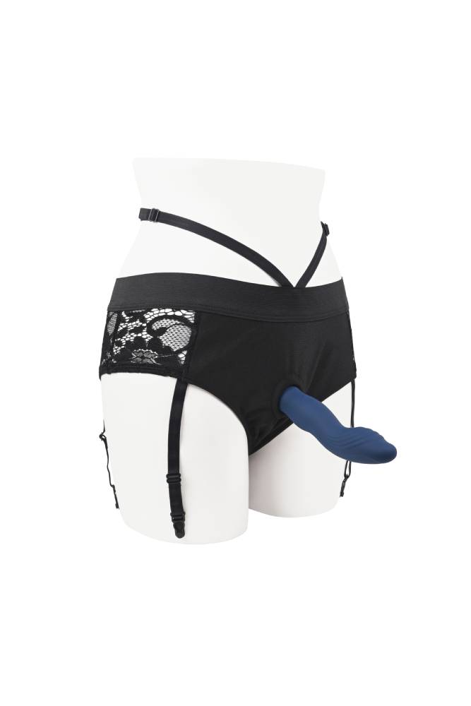 Evolved - Gender X - Snuggle Up Gartered Booty Short Harness & Remote Control Dildo - Blue/Black - Stag Shop